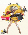  @_@ asymmetrical_bangs bandaged_leg bandages bangs bare_legs barefoot black_kimono black_panties character_name copyright_name dark_skin fangs full_body girls_frontline grey_hair gun hair_ornament highres japanese_clothes jitome kimono klin_(girls_frontline) legs_apart long_sleeves machine_pistol obi official_art open_mouth outstretched_arm panties saliva sash short_twintails solo standing torn_clothes torn_kimono twintails underwear waterkuma weapon wide_sleeves yellow_eyes yellow_kimono 