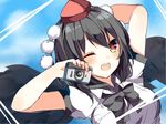  ;d arm_up bangs black_bow black_hair black_neckwear black_wings blush bow bowtie breasts brown_eyes camera eyebrows_visible_through_hair hand_up hat holding holding_camera karasusou_nano looking_at_viewer medium_breasts one_eye_closed open_mouth pom_pom_(clothes) shameimaru_aya short_sleeves smile solo tokin_hat touhou upper_body wings 
