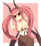  alternate_costume alternate_hairstyle bat_wings bow breasts cleavage commentary_request hair_between_eyes head_wings holding holding_hair koakuma kuresento large_breasts long_hair low_wings navel no_bra no_panties no_pants open_clothes pantyhose pink_background red_eyes red_hair sidelocks simple_background slit_pupils smile solo touhou twintails wings 