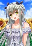  black_ribbon blush breasts collarbone eyebrows_visible_through_hair flower hair_ribbon highres hoshimaemi jewelry large_breasts long_hair looking_at_viewer necklace open_mouth original ribbon silver_hair smile solo star star_necklace sunflower yellow_eyes 