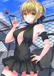  armband artoria_pendragon_(all) artoria_pendragon_(swimsuit_rider_alter) barbed_wire bare_shoulders black_bow black_legwear blonde_hair blue_sky blush bow breasts bridge brown_hair car_keys chain-link_fence cleavage cleavage_cutout covered_navel day eyebrows_visible_through_hair fate/grand_order fate_(series) fence hair_bow hand_on_hip highres hoshimaemi key keychain looking_at_viewer medium_breasts outdoors short_hair sky solo standing thighhighs yellow_eyes 