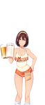  bare_arms bare_shoulders beer_mug blue_eyes brand_name_imitation breasts brown_hair butcha-u cleavage collarbone cup drinking_glass eyelashes feet_out_of_frame game_cg hair_between_eyes hairband hand_on_hip hand_up holding holding_cup hooters kenzen!_hentai_seikatsu_no_susume kneehighs large_breasts legs_apart looking_at_viewer maezono_chinami name_tag no_legwear orange_shorts pouch pubic_hair pussy_cutout ribbed_legwear short_hair short_shorts shorts sleeveless smile solo standing tank_top transparent_background white_legwear yellow_hairband 