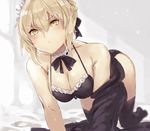  all_fours artoria_pendragon_(all) artoria_pendragon_(swimsuit_rider_alter) bikini black_bikini black_jacket black_legwear blonde_hair blush braid breasts choker cleavage denizen_tomo fate/grand_order fate_(series) foreshortening frilled_bikini_top frilled_choker frills frown hair_ribbon hanging_breasts highres jacket looking_at_viewer maid_bikini maid_headdress medium_breasts open_clothes open_jacket ribbon short_hair solo sweatdrop swimsuit thighhighs yellow_eyes 