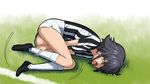  a1 ass black_hair blush breasts closed_eyes fang girls_und_panzer grass hurt large_breasts non-web_source open_mouth pepperoni_(girls_und_panzer) short_hair shorts soccer soccer_field soccer_uniform solo sportswear tongue 