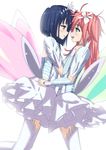  black_hair blush eyebrows_visible_through_hair flip_flappers flower hair_flower hair_ornament highres imminent_kiss kokomine_cocona long_hair looking_at_another multiple_girls open_mouth papika_(flip_flappers) parted_lips red_hair short_hair smile thighhighs white_legwear wings ynote yuri 
