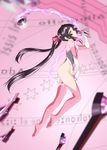  black_hair blurry blush bow breasts depth_of_field elbow_gloves erufa_(pixiv) from_side full_body gloves hair_bow henshin highleg highleg_leotard highres leotard long_hair looking_at_viewer md5_mismatch parted_lips pink_eyes pink_legwear pink_leotard profile senki_zesshou_symphogear shiny shiny_clothes shiny_hair small_breasts thighhighs transformation tsukuyomi_shirabe twintails very_long_hair yo-yo 