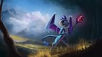  anthro curved_horn day detailed_background dragon female friendship_is_magic grass holding_object horn membranous_wings my_little_pony nude outside princess_ember_(mlp) shamanguli sky solo staff wings 