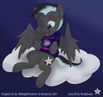  blue_eyes clothing cloud equine hair male mammal midnightpremiere multicolored_hair my_little_pony one_eye_closed open_mouth pegasus shirt solo star_shadow t-shirt wings wodahseht 