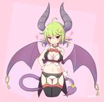  ahoge black_legwear blush bow bowtie breasts brown_eyes cleavage closed_mouth demon_girl eyebrows_visible_through_hair garter_belt green_hair hair_ornament horns kneeling large_breasts looking_at_viewer navel original qixi_cui_xing red_bow red_neckwear short_hair smile solo thighhighs wings 