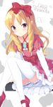  :t absurdres blonde_hair blush bow brown_eyes character_name dress drill_hair eromanga_sensei frilled_dress frills hair_bow hairband highres lolita_fashion long_hair looking_at_viewer mary_janes mimura_zaja pointy_ears red_bow red_footwear ribbon shoes sitting solo thighhighs twin_drills white_legwear yamada_elf 