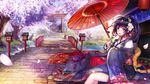  black_hair blue_eyes blush copyright_request eyebrows_visible_through_hair highres holding holding_umbrella long_hair looking_at_viewer parasol parted_lips sitting smile solo spirtie torii umbrella 