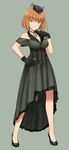  alternate_costume black_gloves blue_eyes brave_witches breasts brown_hair commentary_request dress formal full_body gloves green_dress gundula_rall hat high_heels large_breasts looking_at_viewer microphone shimada_fumikane short_hair simple_background smile solo world_witches_series 