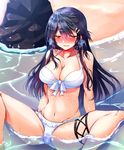  bikini black_hair blush bow_bikini breasts breath cleavage commentary_request frilled_bikini_bottom frills front-tie_top gusset hair_ornament hairclip haruna_(kantai_collection) highres kantai_collection leaning_back long_hair medium_breasts navel partially_submerged red_eyes rock solo spread_legs swimsuit tsukui_kachou water white_bikini 