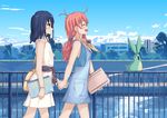  black_hair blush brown_eyes closed_eyes closed_mouth day eyebrows_visible_through_hair flip_flappers from_side highres holding_hand holding_hands kokomine_cocona looking_at_another medium_hair multiple_girls open_mouth outdoors papika_(flip_flappers) railing red_hair short_hair smile twintails uexkull walking ynote 