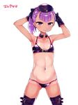  armpits arms_behind_head arms_up bikini black_bikini black_legwear black_swimsuit fate/grand_order fate_(series) flat_chest gloves hat helena_blavatsky_(fate/grand_order) helena_blavatsky_(swimsuit_archer)_(fate) long_hair lowleg lowleg_bikini navel one-piece_tan ponytail purple_eyes purple_hair ribbon smile solo swimsuit tan tanline thighhighs tomo_(ryo_i_so_) 