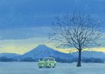  blue_sky car commentary_request day ground_vehicle hirota_(masasiv3) motor_vehicle mountain no_humans outdoors scenery sky snow tree winter 