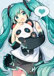  animal aqua_eyes aqua_hair blush detached_sleeves fuuko_(2679566944) hatsune_miku heart holding holding_animal long_hair one_eye_closed open_mouth panda skirt spoken_heart twintails very_long_hair vocaloid 