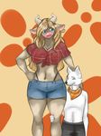  bandanna bethany_hooves big_breasts blonde_hair bovine breasts canine cattle clothing female hair hi_res horn jax_bline male male/female mammal nukenugget piercing simple_background smile wolf 