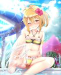  artist_request barefoot bikini blurry blush bow brown_eyes brown_hair depth_of_field feet flower hair_bow hair_flower hair_ornament highres idolmaster idolmaster_cinderella_girls lens_flare long_hair looking_at_viewer navel one_eye_closed ponytail pool pov_feet smile soles solo splashing swimsuit yuuki_haru 