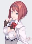  ark_royal_(kantai_collection) blue_eyes bob_cut breasts brown_gloves cleavage cleavage_cutout dated fingerless_gloves gloves grey_background jacket kantai_collection lips looking_at_viewer red_hair red_ribbon ribbon rokuwata_tomoe short_hair signature simple_background small_breasts smile solo tiara twitter_username white_corset white_jacket 