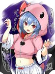 animal_hood bangs bat_wings bloomers blue_hair claw_pose commentary fang hair_between_eyes hood looking_at_viewer midriff navel open_mouth red_eyes red_ribbon remilia_scarlet ribbon sleeves_rolled_up smile solo tirotata touhou translated underwear wings 
