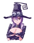  a4typhoon absurdres blair breasts brown_eyes cleavage framed_breasts hat highres large_breasts looking_at_viewer one_eye_closed purple_hair short_hair simple_background smile solo soul_eater upper_body witch_hat 
