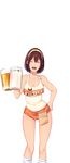  bare_arms bare_shoulders beer_mug brand_name_imitation breasts brown_hair butcha-u cleavage closed_eyes collarbone cup drinking_glass eyelashes facing_viewer feet_out_of_frame game_cg hair_between_eyes hairband hand_on_hip hand_up holding holding_cup hooters kenzen!_hentai_seikatsu_no_susume kneehighs large_breasts legs_apart maezono_chinami name_tag no_legwear open_mouth orange_shorts pouch pubic_hair pussy_cutout ribbed_legwear short_hair short_shorts shorts sleeveless smile solo standing tank_top teeth transparent_background white_legwear yellow_hairband 