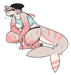  2017 anthro beanie biped breasts catshark cinna_(sorimori) cleavage clothed clothing countershade_tail countershade_torso countershading crouching digital_drawing_(artwork) digital_media_(artwork) dorsal_fin dorsan_fin eyes_closed female fin fish flying_sweatdrops front_view full-length_portrait furgonomics gloves_(marking) grey_hair grey_skin hair hat long_tail marine markings midriff multicolored_skin nepetacide non-mammal_breasts open_mouth overheated panties pink_skin pink_stripes portrait sarp_teeth shark shirt short_hair signature simple_background slim small_breasts socks_(marking) solo striped_skin striped_tail stripes sweat sweatdrop tailfin tank_top thick_tail underwear white_background white_countershading white_skin 