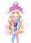  :d american_flag_dress american_flag_legwear argyle argyle_background asymmetrical_clothes asymmetrical_legwear bangs blonde_hair blush breasts clownpiece commentary_request eyebrows_visible_through_hair fairy_wings hands_on_own_knees hat jester_cap leaning_forward long_hair looking_at_viewer neck_ruff open_mouth pantyhose pink_eyes polka_dot_hat purple_hat short_sleeves sidelocks small_breasts smile solo striped striped_legwear touhou very_long_hair walnut_(mottimoti) wings 
