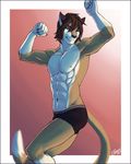  2017 5_fingers abs anthro athletic black_nose briefs brown_hair bulge cat clothing eyebrows feline feralise flexing fur hair looking_at_viewer male mammal multicolored_skin muscular one_eye_closed pose solo standing tan_fur tight_underwear two_tone_skin underwear white_fur 
