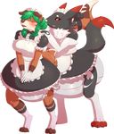  2017 absurd_res alpha_channel anthro black_fur blush bow canine diaper digimon digital_media_(artwork) duo ear_piercing fish fur green_hair hair hi_res hybrid maids mammal mane manji marine piercing red_eyes renamon shark smile thick_thighs valerimon_(character) weewizzylizzy 