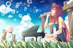  bubble_blowing bubble_pipe candy cloud day food grass green_eyes kneeling lollipop long_hair original red_hair sky solo wind yamaishi_nohi 