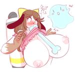  anthro big_breasts blush bone bow breasts brown_hair canine cute dog female fur ghost hair holly_applebee mammal mature_female mother nipples parent solo solo_focus spirit surprise sweat theycallhimcake yellow_fur 