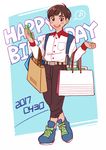  :d bag black_hair blush_stickers cellphone collared_shirt dark_skin dark_skinned_male dated eighth_note grey_eyes happy_birthday male_focus musical_note open_mouth phichit_chulanont phone posca shirt shopping_bag smartphone smile spoken_musical_note yuri!!!_on_ice 