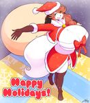  2016 bag bell big_breasts blush bow breasts brown_fur canine christmas clothing cute dog female fur gloves hat holidays holly_applebee mammal mature_female mother parent ribbons solo theycallhimcake walking yellow_fur 