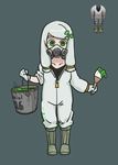  boots bucket doom_(game) gas_mask gloves green_eyes hazmat_suit kurashiki_nanka paintbrush personification radiation_symbol simple_background solo stained_clothes twintails white_hair 