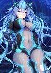  blue_eyes blue_hair bodysuit breasts covered_navel cowboy_shot daiaru gloves hair_between_eyes hair_ornament highres large_breasts long_hair looking_at_viewer neptune_(series) next_purple purple_heart shin_jigen_game_neptune_vii skin_tight solo symbol-shaped_pupils 