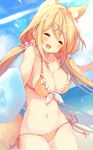  :d ^_^ amamiya_mei animal_ear_fluff animal_ears beach bikini blonde_hair blush breasts cleavage closed_eyes cloud cowboy_shot day eyebrows_visible_through_hair food fox_ears fox_tail front-tie_bikini front-tie_top hair_ornament hair_scrunchie large_breasts long_hair low_twintails navel ocean open_mouth orange_bikini original outdoors outstretched_arm p19 petals pink_scrunchie polka_dot polka_dot_bikini polka_dot_scrunchie popsicle scrunchie side-tie_bikini sky smile solo swimsuit tail twintails x_hair_ornament 
