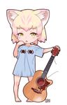  &lt;o&gt;_&lt;o&gt; 2017 animal_ears barefoot blonde_hair blue_shirt blush cat_ears extra_ears guitar half-closed_eyes hand_on_own_chin highres holding holding_instrument instrument kemono_friends looking_at_viewer mewhan multicolored_hair no_tail official_art purple_hair sand_cat_(kemono_friends) shirt short_hair short_sleeves signature simple_background solo standing tongue tongue_out white_background yoshizaki_mine 