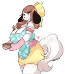  &lt;3 anthro apron big_breasts bow breasts brown_hair canine cherrikissu clothing cute dog dress female food hair holly_applebee jewelry long_tail looking_at_viewer mammal mature_female mittens mother necklace parent pie shirt skirt smile solo walking 