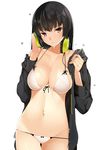  bikini black_eyes black_hair breasts cleavage closed_mouth cowboy_shot front-tie_bikini front-tie_top headphones headphones_around_neck hood hooded_jacket hoodie jacket large_breasts lowleg lowleg_bikini machimura_komori mole mole_under_eye off_shoulder open_clothes open_hoodie open_jacket original side-tie_bikini simple_background solo string_bikini sweat swimsuit thigh_gap water_drop wet white_background white_bikini 