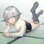  artist_name blue_eyes chin_rest flipped_hair garters green_eyes grey_legwear hotarumaru kneehighs looking_at_viewer lying male_focus no_shoes nyanpoco3 on_stomach open_mouth shorts silver_hair smile sock_garters tatami touken_ranbu 