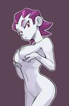  1girl armpits ass breast_hold breasts filthypaladin half-closed_eyes hands_up highres large_breasts looking_at_viewer looking_to_the_side navel nipples nude purple_background purple_hair pussy red_eyes risky_boots shantae_(series) short_hair simple_background solo standing uncensored 
