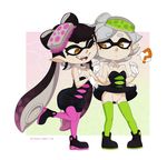  +_+ 2girls ? aori_(splatoon) artist_name bare_shoulders black_dress black_hair black_shoes border breasts cleavage detached_collar domino_mask dress dress_lift earrings eyebrows_visible_through_hair fangs food food_on_head full_body gloves gradient gradient_background gradient_hair green_legwear grey_hair half-closed_eyes hands_up hotaru_(splatoon) knees_together_feet_apart leg_lift legs_apart long_hair looking_down looking_to_the_side merunyaa mole mole_under_eye multicolored_hair multiple_girls no_panties object_on_head one_eye_closed open_mouth orange_background pantyhose pink_background pointy_ears purple_hair purple_legwear pussy shoes short_dress short_hair short_jumpsuit simple_background small_breasts smile splatoon standing standing_on_one_leg sushi teeth tentacle tentacle_hair text thighhighs tumblr twintails uncensored web_address white_border white_gloves wink 