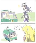  ahoge black_hair blake_belladonna blonde_hair box cardboard_box cat_tail commentary english iesupa multiple_girls pantyhose rwby speech_bubble sweatdrop tail yamato_transport yang_xiao_long yellow_eyes 