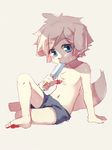  anthro bean_koma blue_eyes blush bulge canine clothed clothing cub dog food hindpaw looking_at_viewer male mammal panashe paws popsicle shadow simple_background sitting solo summon_night sweat topless white_background young 