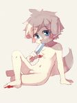  anthro balls bean_koma blue_eyes blush bulge canine cub dog flaccid food hindpaw looking_at_viewer male mammal nude panashe paws penis popsicle shadow simple_background sitting solo summon_night sweat uncut white_background young 