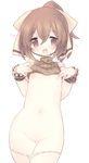  :d blush brown_eyes brown_hair clothes_lift dyute_(fire_emblem) eyebrows_visible_through_hair fang fire_emblem fire_emblem_echoes:_mou_hitori_no_eiyuuou hair_between_eyes heart long_hair looking_at_viewer navel nipples open_mouth panties panty_pull ponytail pussy simple_background smile solo sweater sweater_lift teu_(navy) underwear white_background white_panties 
