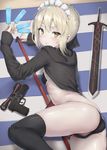  artoria_pendragon_(all) artoria_pendragon_(swimsuit_rider_alter) ass bikini black_bikini black_legwear blonde_hair blush braid breasts closed_mouth excalibur fate/grand_order fate_(series) food gun hair_bun handgun highres hood hooded_jacket hoodie jacket leg_up light_brown_hair looking_at_viewer loose_bikini lying maid_headdress on_side pale_skin pistol polearm popsicle reinama scope shiny shiny_skin short_hair sleeves_past_wrists small_breasts solo swimsuit thighhighs weapon yellow_eyes 