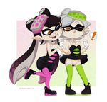  ! +_+ 2girls aori_(splatoon) artist_name bare_shoulders black_dress black_hair black_shoes border breasts cleavage detached_collar domino_mask dress dress_lift earrings eyebrows_visible_through_hair fangs food food_on_head full_body gloves gradient gradient_background gradient_hair green_legwear grey_hair half-closed_eyes hands_up hotaru_(splatoon) knees_together_feet_apart leg_lift legs_apart long_hair looking_down looking_to_the_side merunyaa mole mole_under_eye multicolored_hair multiple_girls no_panties object_on_head one_eye_closed open_mouth orange_background pantyhose peeing pink_background pointy_ears puddle purple_hair purple_legwear pussy shoes short_dress short_hair short_jumpsuit simple_background small_breasts smile splatoon standing standing_on_one_leg sushi teeth tentacle tentacle_hair text thighhighs tumblr twintails uncensored web_address white_border white_gloves wink 